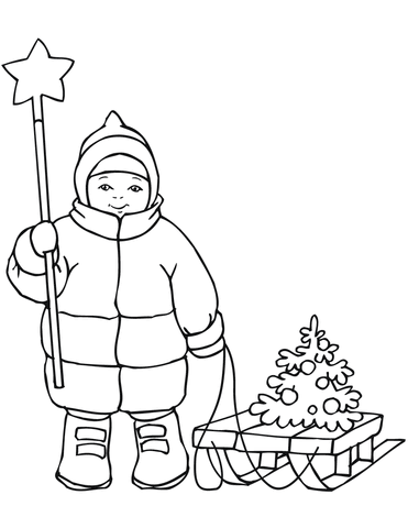 Coloring page of a boy with a small Christmas tree